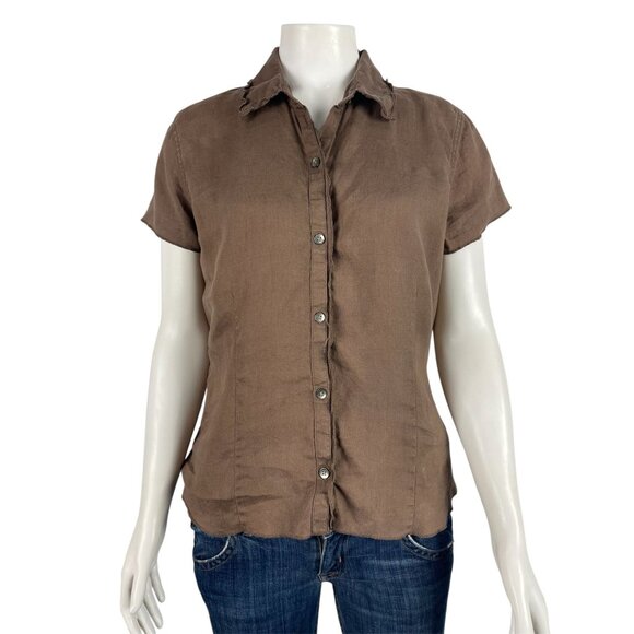 J Jill Linen Button Down Short Sleeve Shirt Small Brown Casual Collared - Picture 1 of 7